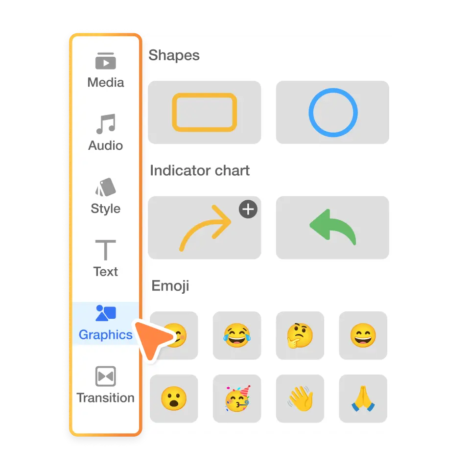 Access animated stickers and effects in the 'Graphics' section of Visla's social media animation tool.